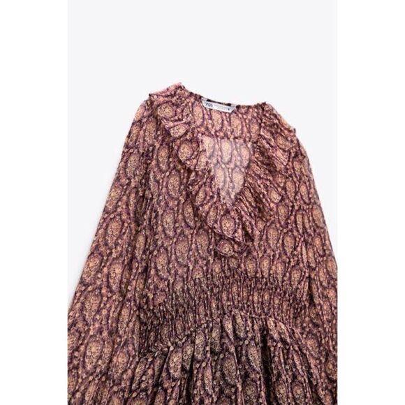Zara Ruffled Printed Metallic Long Sleeve Mini Dress, Size Small - Picture 9 of 15